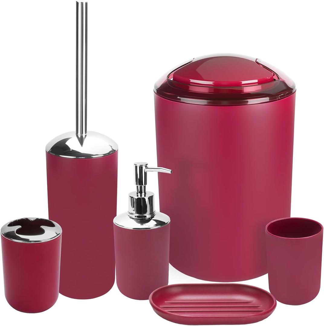 Bathroom Accessories Set, 6Pcs Bathroom Accessory Set Includes Toothbrush Holder, Soap Dispenser, Soap Dish, Toothbrush Cup, Toilet Brush, Trash can for Bathroom Countertop Decor(Burgundy)