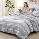 Bedsure Queen Comforter Set 7 Pieces, Grey Striped Bedding Set for All Seasons, Reversible, Cationic Dyeing Bed in a Bag with Comforter, Sheets, Pillowcases & Shams