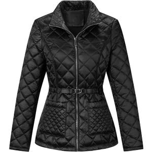 Bellivera Women Lightweight Coat Short Quilted Puffer Long Sleeve Belted Jacket Pockets, S