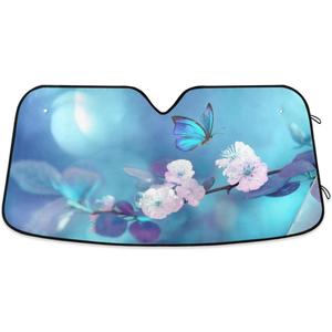 Butterfly Flowers Car Windshield Sun Shade Yellow Pink Floral Blue Foldable UV Ray Sun Visor Protector Sunshade to Keep Your Vehicle Cool (55" x 27.6") (multi 11)