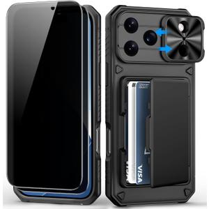 BXYJY for iPhone 17 Pro Max Case Wallet, 2 Privacy Screen Protectors, Card Holder (4-5 Cards), Slide Camera Cover, Military Grade Drop, Heavy Duty Men Women Phone Case for iPhone 17 Pro Max, Black