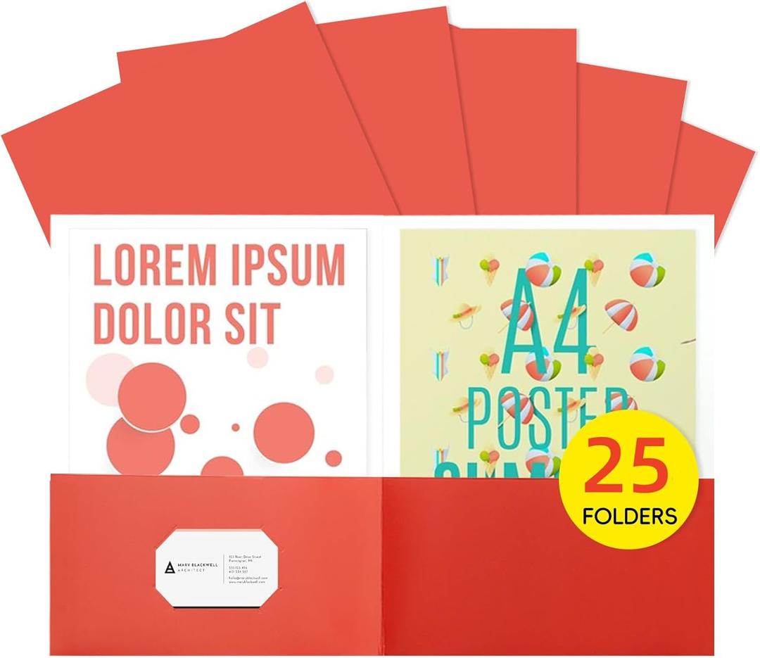25pcs Red Folders with Two-Pockets Fit Letter Size Paper,Paper File Designed for Office,Home and Classroom Use