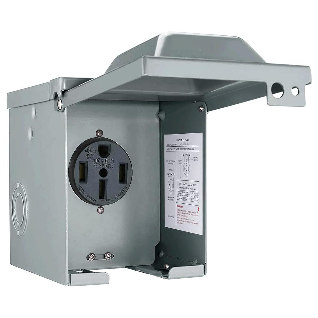 50 Amp 125/250 Volt RV Power Outlet Box, Enclosed Lockable Weatherproof NEMA 14-50R Outdoor Electrical Receptacle Panel, 50 Amp RV Receptacle for Camper Trailer Motorhome Electric Car Generator