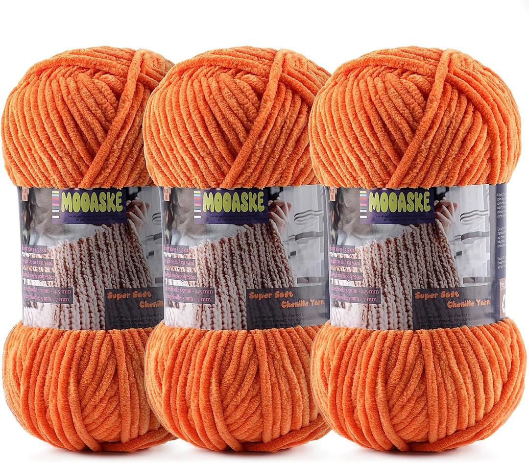 3 Pcs Chenille Yarn for Crocheting - Chunky Blanket Yarn for Hand Knitting - Velvet Yarn for Amigurumi Crochet, Fluffy Soft Yarns Weight 300g/10.59oz, Length 360m/393.6yard (Orange)