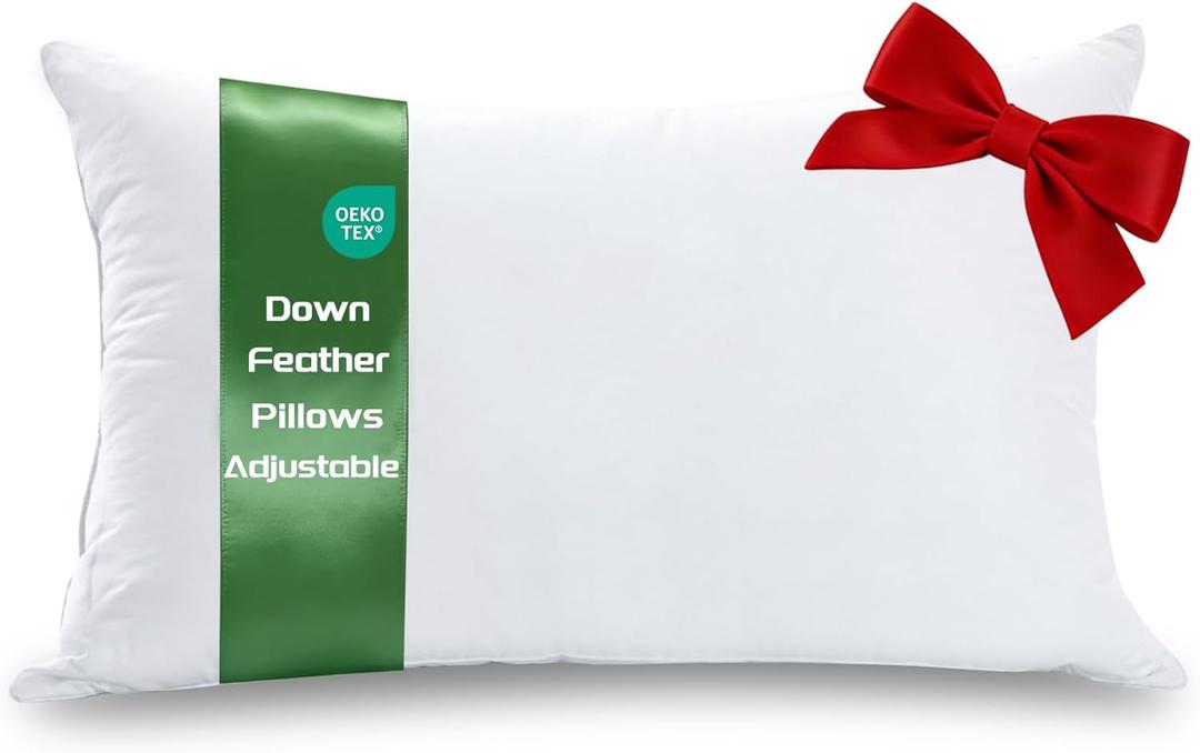 Down Feather Pillows with Adjustable Loft, Adjustable Firmness Bed Pillows Queen Size, Soft and Supportive Hotel Collection Pillow for Back Stomach Side Sleepers, Oeko-TEX Certified (20" x 30") (White)