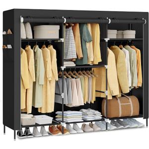 SONGMICS Portable Closet, Fabric Wardrobe, Clothes Rack with Shelves, Pockets, Large Capacity, 4 Hanging Rods, 74.4 x 17.7 x 70.9 Inches, Black URYG011BZ02, 3 Tiers