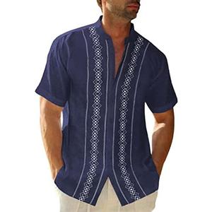 Cuban Guayabera Shirts for Men Short Sleeve Casual Button Down Shirt Band Collar Beach Camp Mexican Shirt NAVY XXL