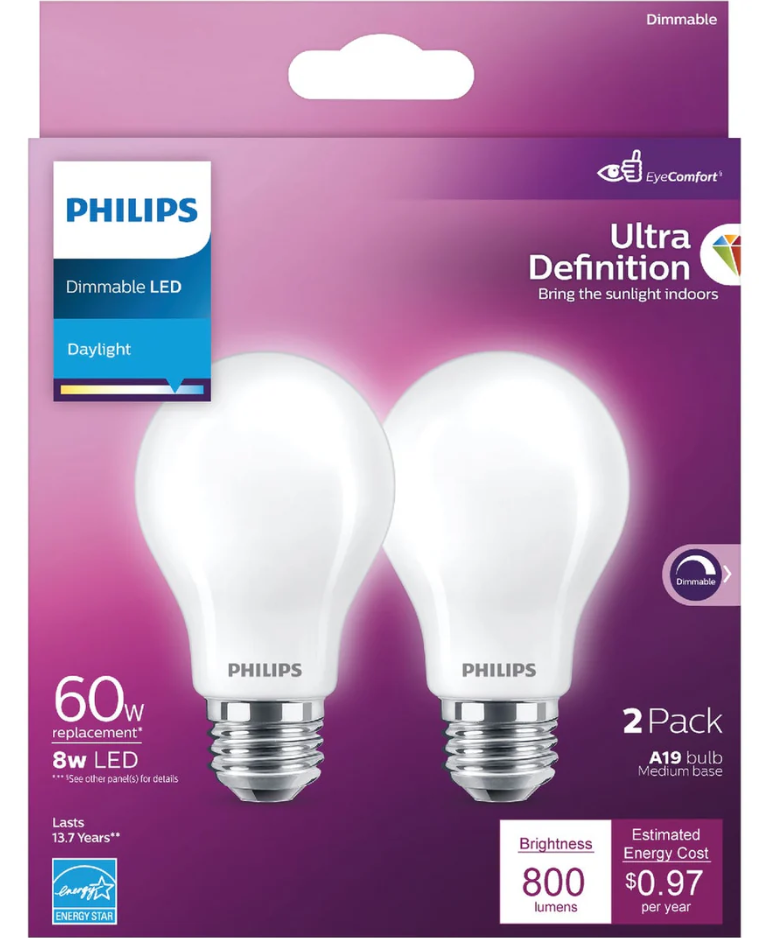 PHILIPS ULTRA DEFINITION 60W EQUIVALENT DAYLIGHT A19 MEDIUM LED LIGHT BULB, FROSTED, Pack of 2