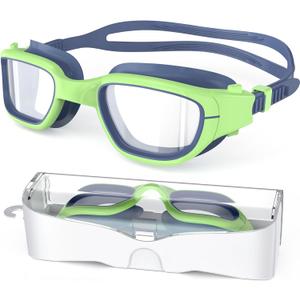Kids Swim Goggles,Swimming Goggles for Kids 6-14, Anti-Fog UV Protection Pool Glasses for Boys Girls (Navy/Green-clear)