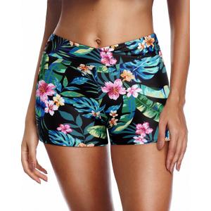 Yonique Womens Swim Shorts Bathing Suits Bottoms Swimsuit Bottoms(Available in Plus) (Large, Tropic Leaves)