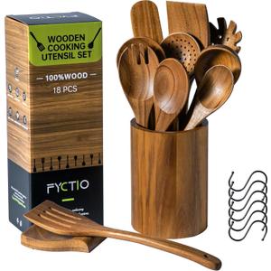 12 PCS Acacia Wooden Spoons for Cooking - Heat-Resistant, Comfort Grip,Easy to Clean, Non-stick Friendly - Kitchen Utensil Set with Holder, Spoon Rest & 6 Hooks, Ideal for Gifting