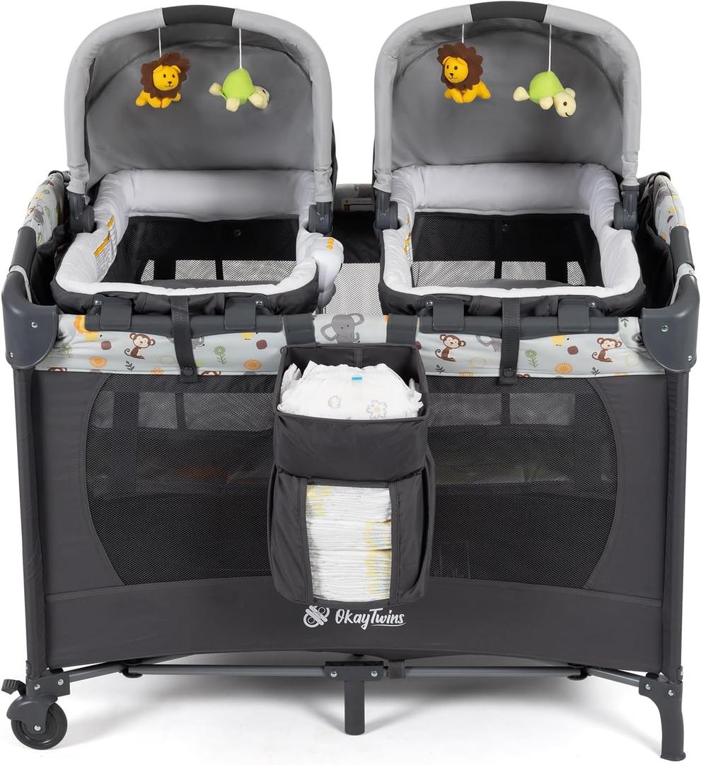 Twin Bassinet & Full-Size Infant Bassinet & Playard for Baby, Includes 2 Removable Rock-A-Bye Portable Bassinets with Storage Bags, Light Gray