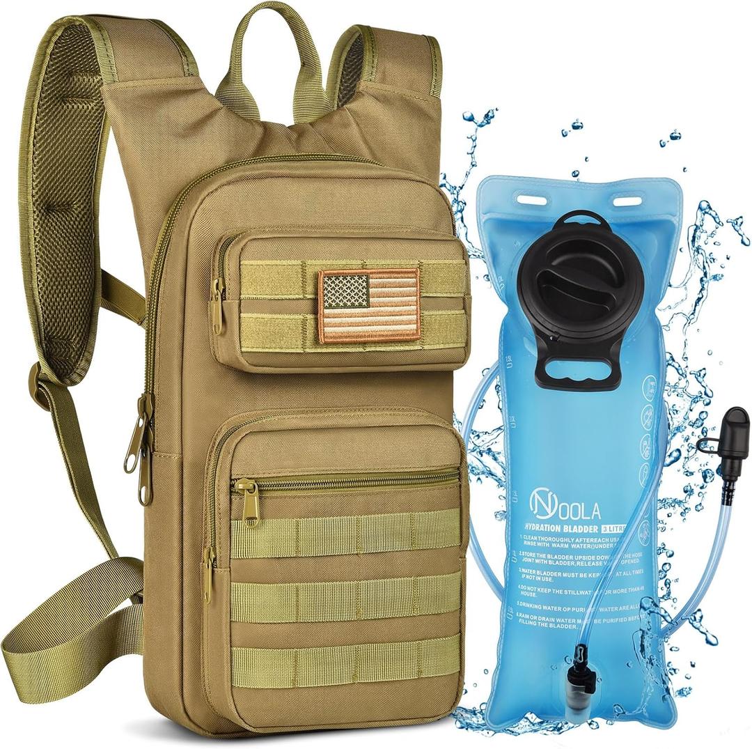 NOOLA Hydration Backpack with 3L TPU Water Bladder, Tactical Molle Water Backpack for Men Women, Hydration Pack for Hiking, Biking, Running and Climbing (Tan)