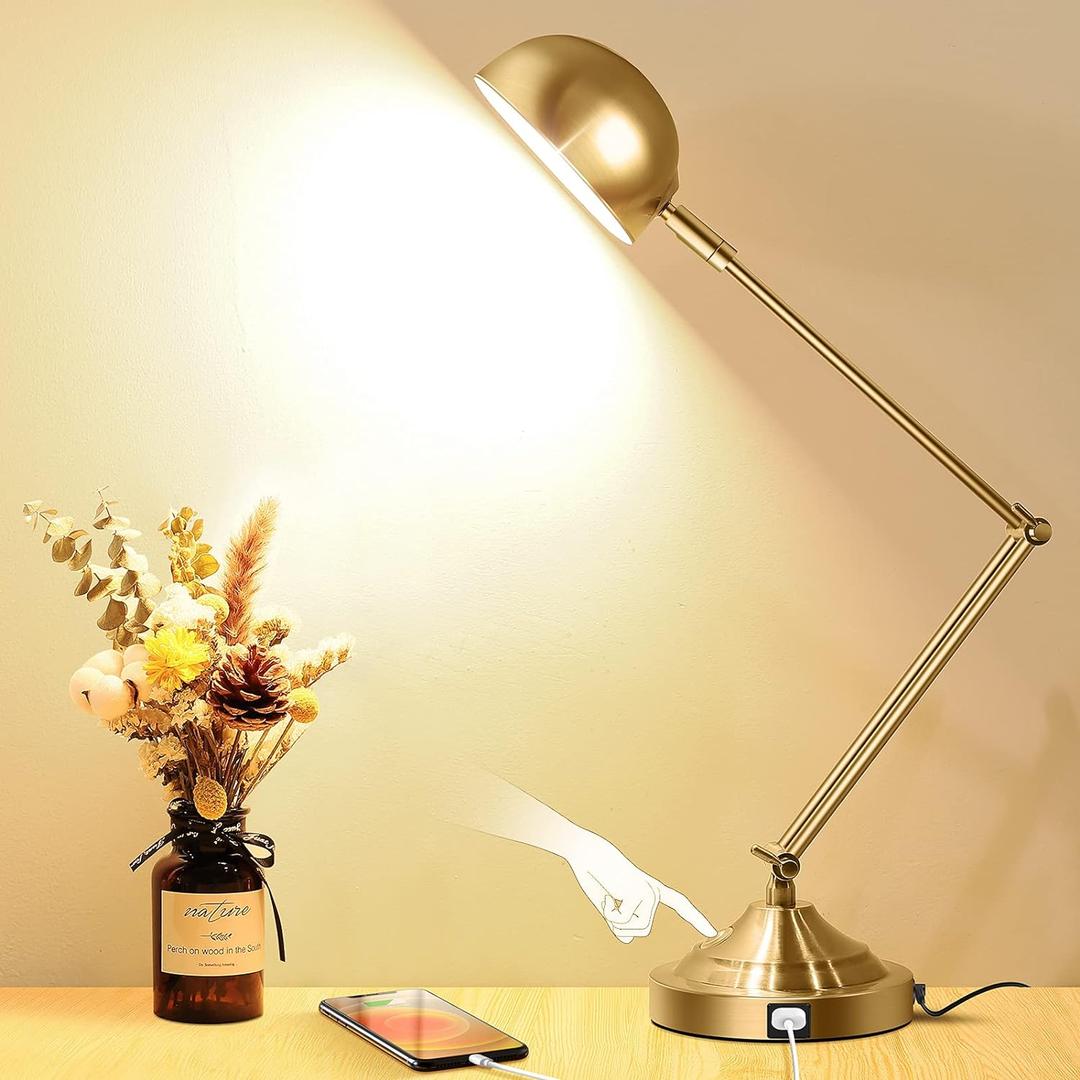 Architect Gold Dimmable Desk Lamp with USB Port, Adjustable Touch Control Vintage Lamp with 3 Color Modes, Brass Metal Retro Style Reading Light for Home Office, Bedside Table