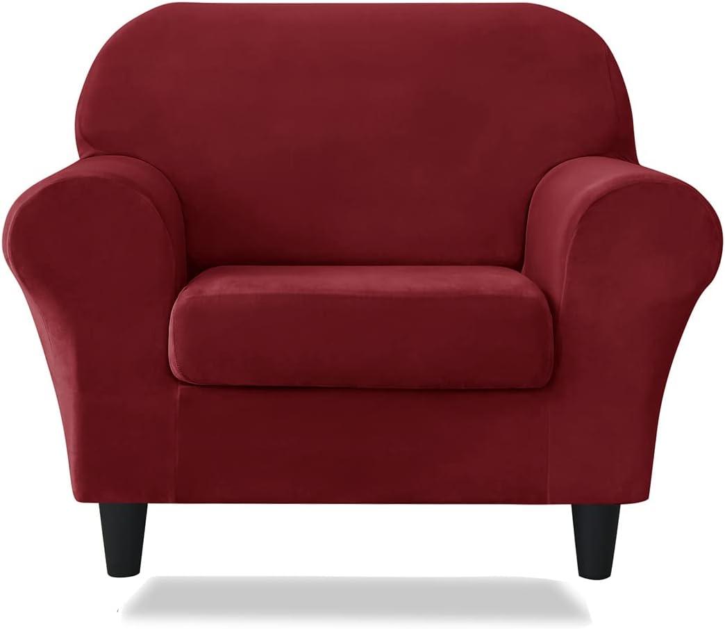 Velvet Stretch 2 Pieces Stretch Armchair Covers, 1 Seater Chair Slipcovers, Washable Furniture Protector (Wine red)