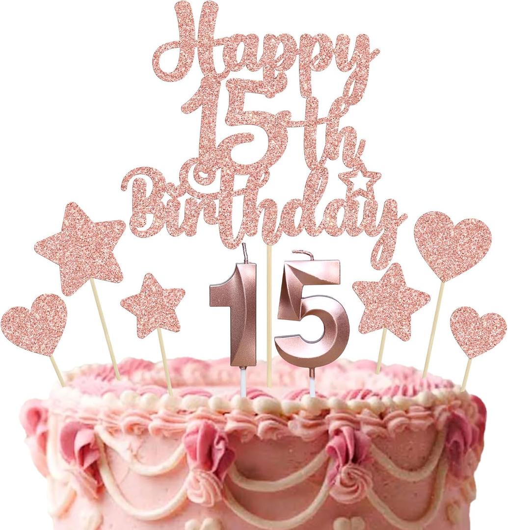 Gyufise 15Pcs Happy 15th Birthday Cake Topper Set with Heart Star Glitter Cheers to 15 Years Cake Picks Number 15 Candles Cake Decorations for Happy 15th Birthday Anniversary Party Supplies Rose Gold