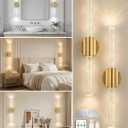 Peel and Stick on Wall Sconce set of 2, No Drill Gold Wireless Magnetic Battery Operated Wall Lights with Remote & Touch Control, Dimmable Cordless Wall Lamps for Bedroom Living Room Bathroom Decor