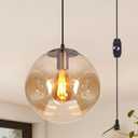 9.8inch Plug-in Globe Pendant Light, Amber Gradient Glass Ceiling Hanging Light Fixture Adjustable Height, Mid Century Pendant Lights E26 Socket for Kitchen Island, Dining Room, Entryway