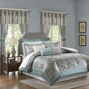 Madison Park 24 Piece Faux Silk Paisley Queen Comforter Set with Matching Curtains, Down Alternative Hypoallergenic - Teal