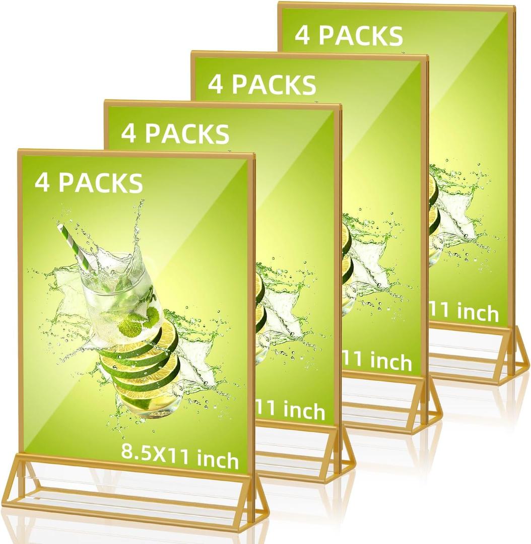 PPH-Sisy Acrylic Sign Holder 8.5 x 11, Double Sided Clear Display Stand, Gold Flyer Holder 8.5 x 11 for Home Office Shop Restaurant 4 Pcs