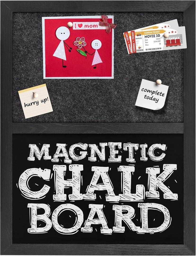 Bulletin Board Chalkboard Dark Gary Felt Board Combo for Office School Kitchen Bedroom, Black Wood Frame,13"*17",BK-Chalkboard+GY-3343
