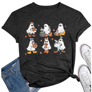 VILOVE Women Halloween Pumpkin T-Shirt Cute Ghost Graphic Shirt Spooky Season Tee Fall Graphic Short Sleeve Tee, Size L