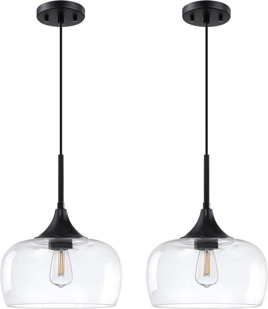 2 Pack 1 Light Hanging Indoor Kitchen Island Pendant Ceiling Light Fixture,10" Clear Drum Glass ShadeBlack Finish Modern Farmhouse Dinning Over Sink