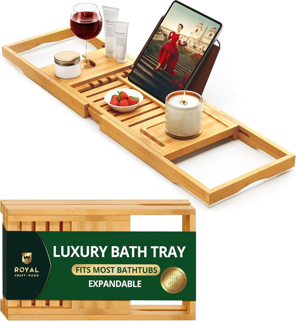 ROYAL CRAFT WOOD Premium Foldable Bathtub Tray Caddy - Wood Bath Tray for Tub, Bamboo Shelf, Expandable Bath Table Trays, Bathtub & Bathroom Accessories for New Home & Mothers, Birthday Gifts for Mom