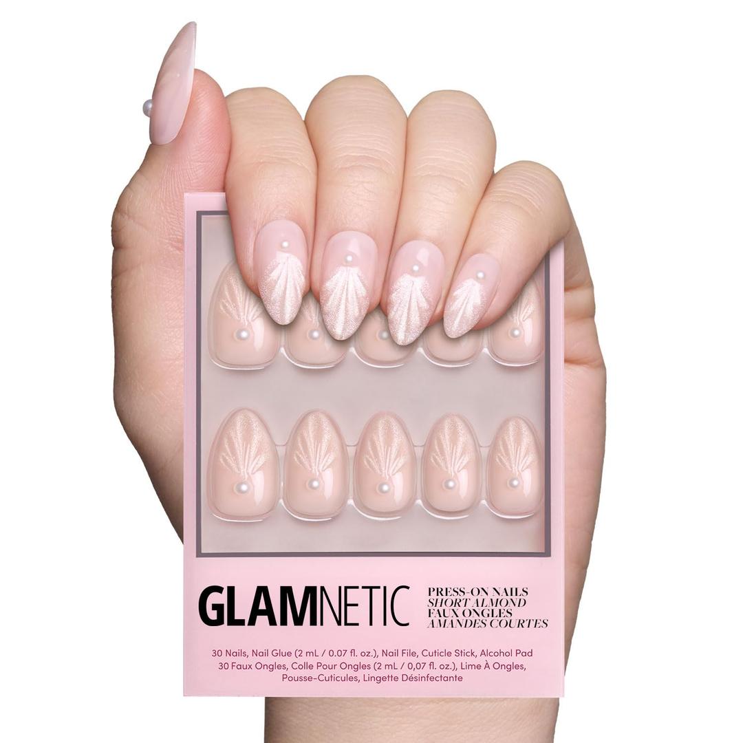 Glamnetic Press On Nails - Honeymoon | Short Almond Nude Fake Nails with 3D Nail Art and Glossy Velvet Finish, Salon Quality | 15 Sizes - 30 Nail Kit with Glue
