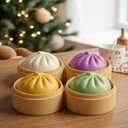 4Pcs Mini Dumpling Squishy, Glitter Dumpling Squishy Mystery Box, Dumpling Stress Ball Fidget Sensory Toy with Mini Food Steamer, Easter Basket Stuffers for Adults