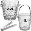 2-Piece Clear Glass Ice Bucket Set with Ice Tongs & Handle - 2.2 Liter and 1Liter Portable Ice Buckets Container for Champagne, Wine, Beer and Cocktail at Parties, Home Bar or Luxury Hotels
