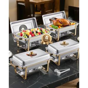 VEVOR Chafing Dish Buffet Set, 8 Qt 4 Pack, Stainless Steel Chafer with 4 Full Size Pans, Rectangle Catering Warmer Server with Glass Lid Water Pan Folding Stand Fuel Holder, for Wedding Party Banquet