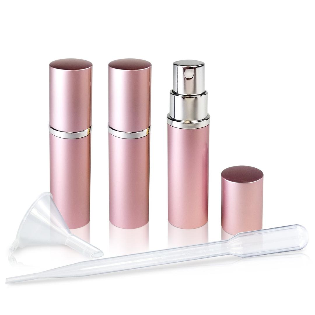 L'AUTRE PEAU Refillable Perfume & Cologne Fine Mist Atomizers with Metallic Exterior & Glass Interior - 5ml Portable Travel Size - 3ml Squeeze Transfer Pipette Included (3 Pack, Pink) (5 Piece Set)
