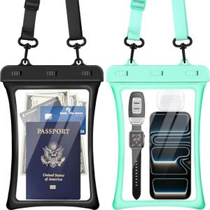 CACOE [Floatable Floating Universal IPX8 Waterproof Phone case 2 Pack-Up to 10.0",Adjustable Lanyard Phone Pouch,Cellphone Dry Bags for Vacation Beach Pool Kayak Cruise Travel EssentialsBlack+Green