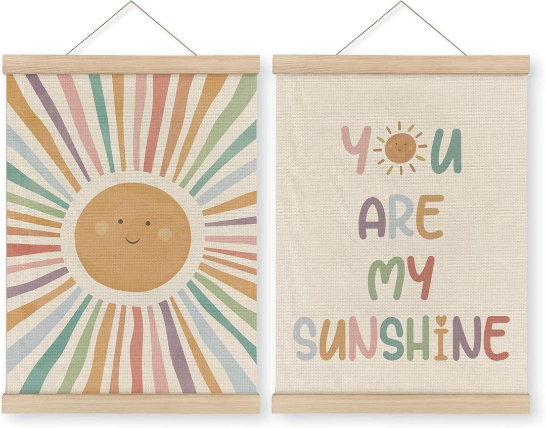 MAQIKA You Are My Sunshine Poster Framed with Wood Hanger Set of 2, Sunshine Nursery Wall Decor, Inspirational Quotes Canvas Art 12x16 Inch
