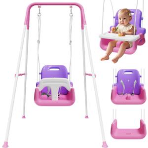 Upgraded Toddler Swing with Tray, Baby Swing Outdoor with Detachable Design, Safety Belt, Foldable Frame for Outdoor & Indoor Use (Pink)