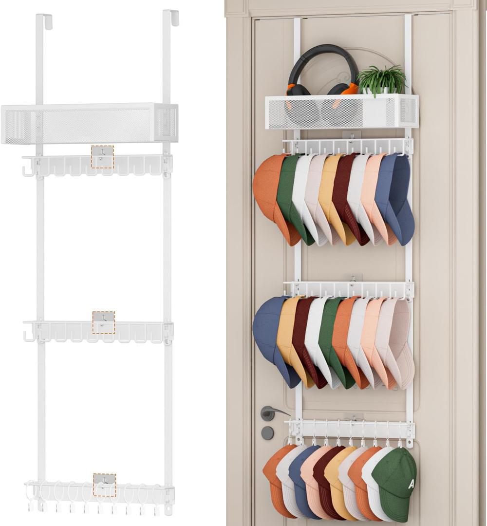 Over Door Hat Rack - 3 Tier Hat Organizer for Baseball Caps, Hat Holder with 18 Hooks and Metal Basket, Hat Hanger Storage up to 28 Caps for Closet, Bedroom(White)