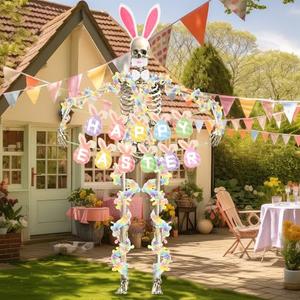 8 Pcs Easter 12 ft Skeleton Bunny Costume Accessories Set Include Bunny Headband Nose Bowtie Multicolor Garland Happy Easter Banner for Skeleton Spring Holiday Outdoor Garden Yard Lawn Decorations