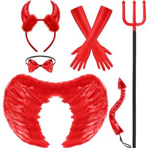 Hillban 6 Pcs Halloween Red Demon Costume for Women Set Include Sequin Red Horns Headband Tail Bowtie Wings Long Gloves Fork Demon Costume for Women Girls Men Kids Accessories Cosplay