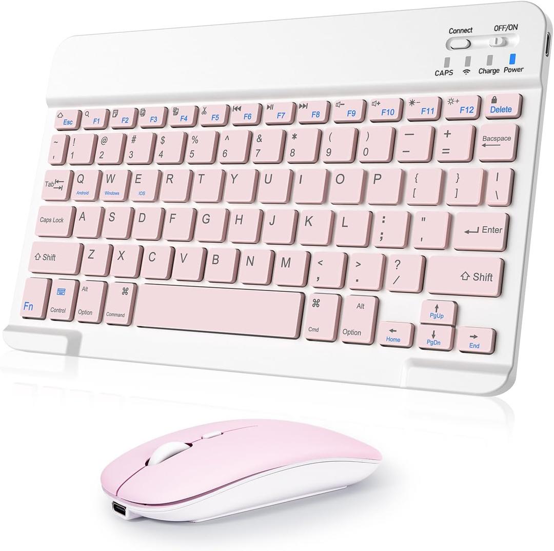 Wireless Keyboard and Mouse Combo, Rechargeable Bluetooth Keyboard & Mouse with 2.4 GHz Wireless USB Receiver, Compatible with iPad, Smartphone, PC, Laptop, Windows/iOS/Android, Pink