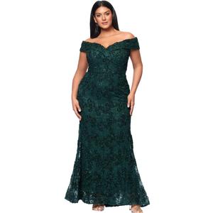 Xscape Women's Xscape Women's Soutache Lace V-Neck Off the Shoulder Floor Length Dress (Green), 10 Petite, Hunter Green