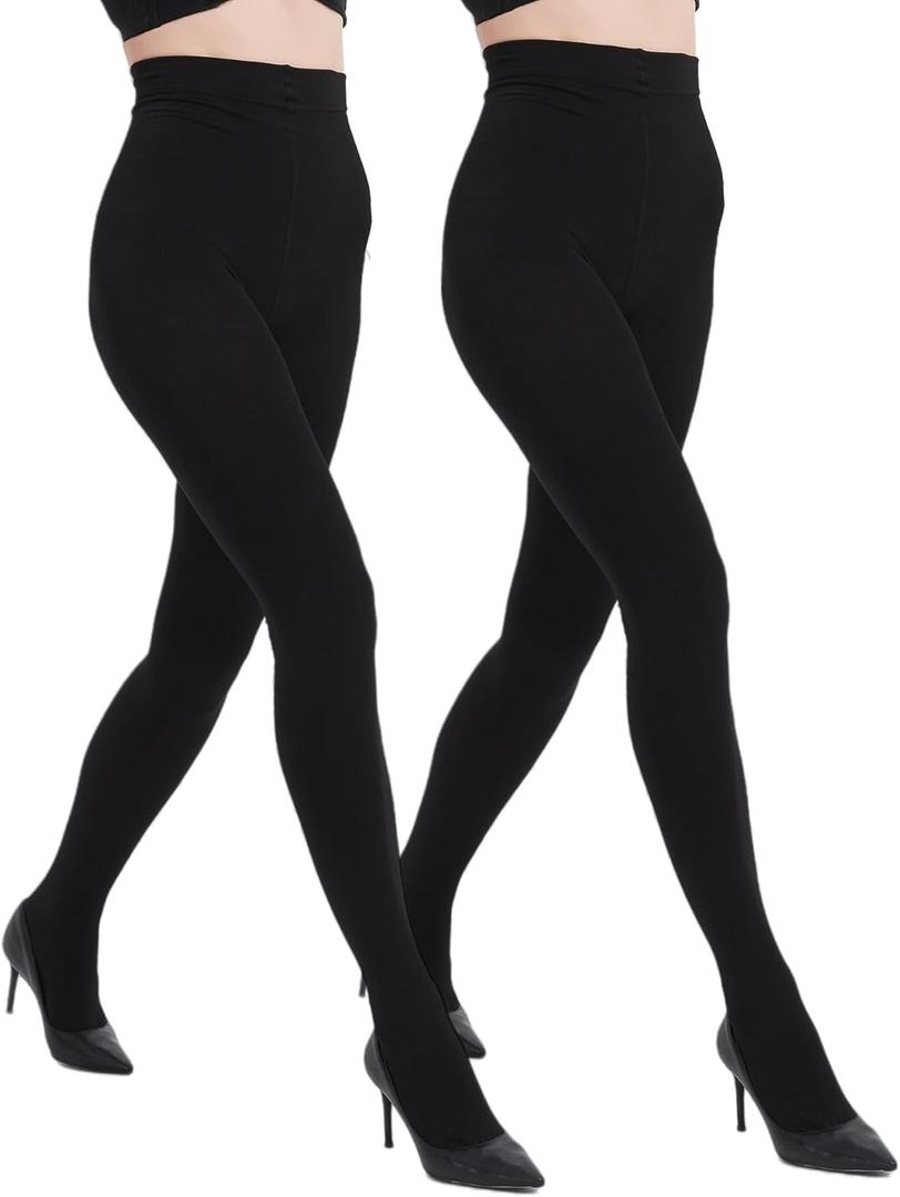 Citystl 2 Pairs Fleece Lined Tights for Women, 120D Black Opaque Warm Tights with Control Top (X-Large)