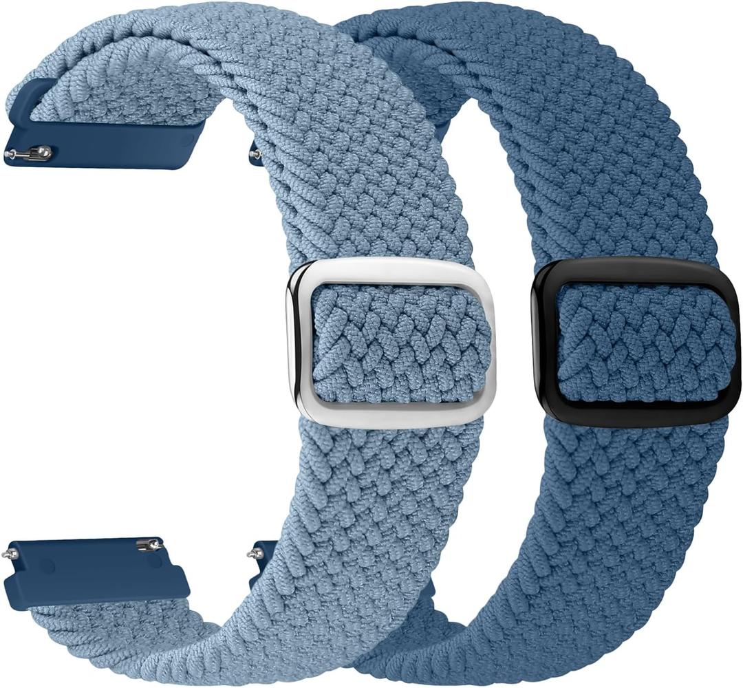 2 Pack Quick Release Braided Bands - 22mm Solo Loop Adjustable Soft Band for Women Men (Cold Sea Blue+Rock Blue)