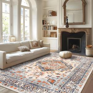 VK VKLIVING Machine Washable Rug 6'x9' Vintage Design Washable Area Rugs with Non Slip Rugs for Living Room Bedroom Traditional Woven Rug Carpet Stain Resistant, Dining Office Boho Rug, (Bright) (Tpe15-blue)