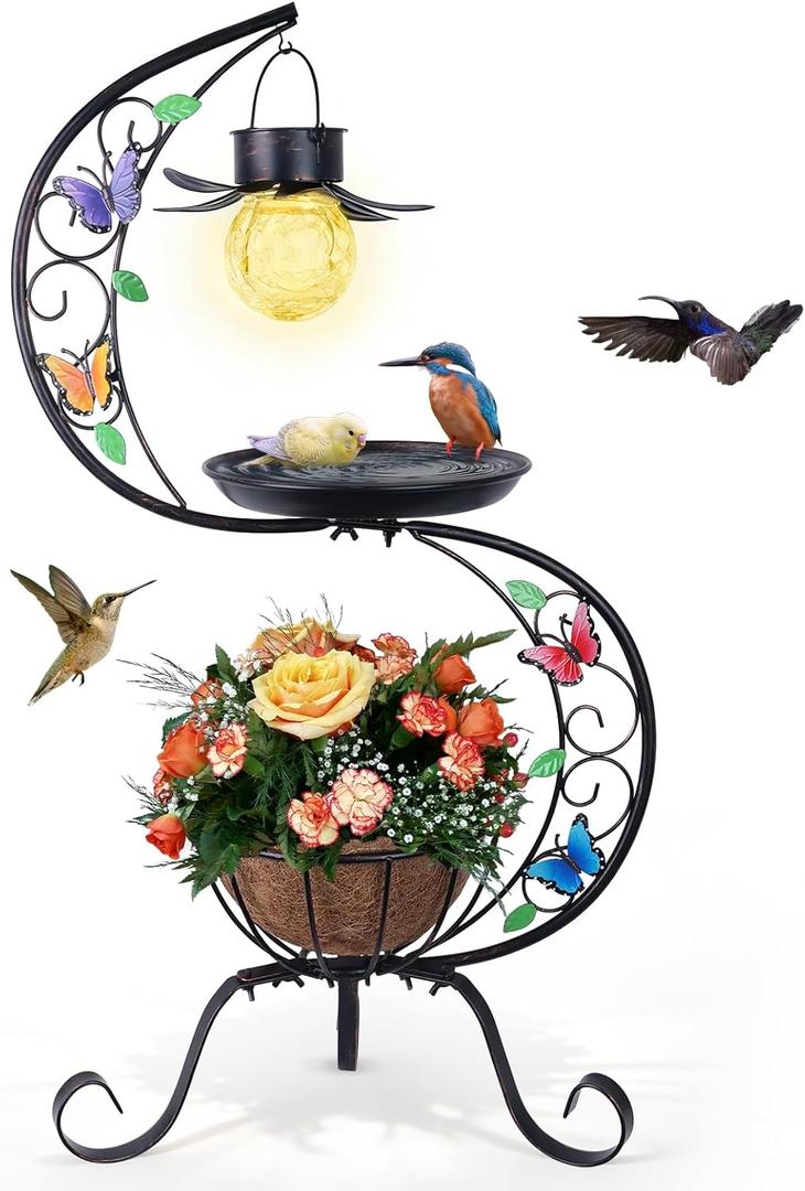 hogardeck Bird Bath for Outside with Solar Lamp, Metal Birdbaths for Outdoors with Flower Planter Pedestal, Vintage Birdbath for Garden Yard Patio Lawn Decor