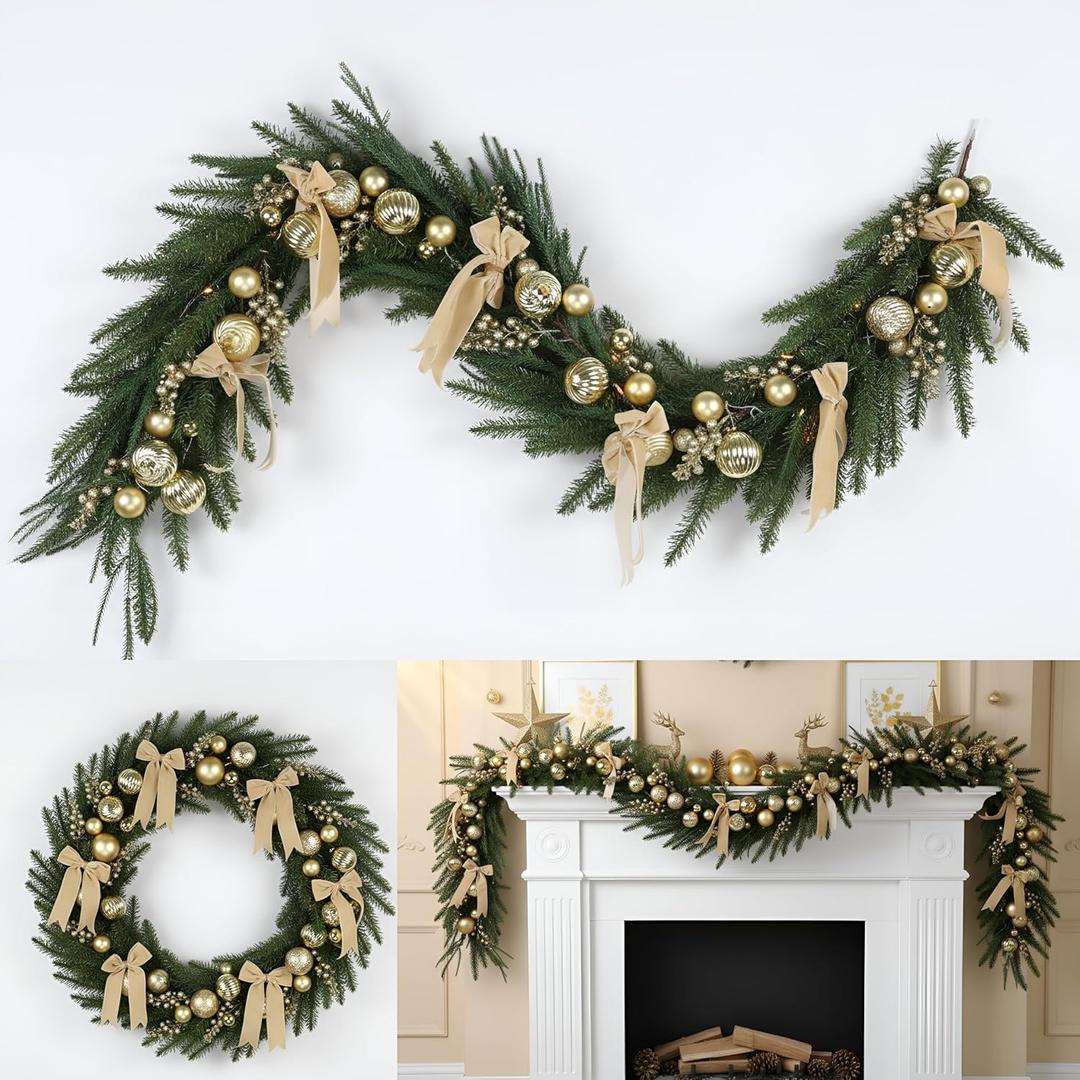 6ft Christmas Norfolk Pine Garland with Light Realistic Prelit Christmas Garland with Bow Berry Stem Ball Greenery Garlands for Mantle Fireplace Table Home Decor(Gold)