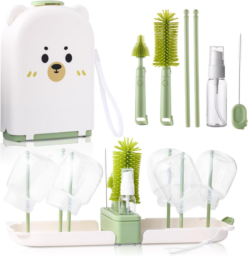 Baby Bottle Cleaner Brush Set Bottle Cleaner Brush Set Portable Bottle Cleaning Kit Set Silicone Brush, Nipple Brush, Straw Brush, Dispense Detergent Dispenser, Drying Rack - 6 in 1 (White)