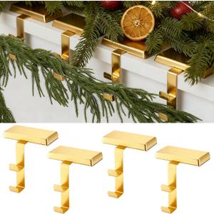 2 in 1 4 Pack Christmas Stocking Holders for Mantle, Heavy Duty Weighted Metal Hanger with Non-Slip Base Xmas Ornament for Garland Hook Fireplace, Shelf, Tabletop, Counter, Window Decor (Gold)
