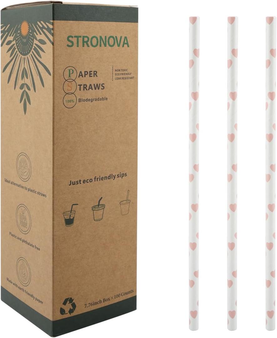 100 Pack Pink Heart Boba Paper Straws 7.76" - Individually Wrapped, Heavy Duty & Reliable, Cute Party Straws for Boba, Coffee & Weddings, Eco Recyclable, Chemical-Free (0.24in)