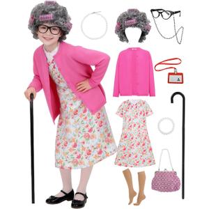 17pcs Old Lady Costume for Kids Girls 100 Day of School Costume Girls Grandma Costume Dress Up with Accessories (3-5 Years)